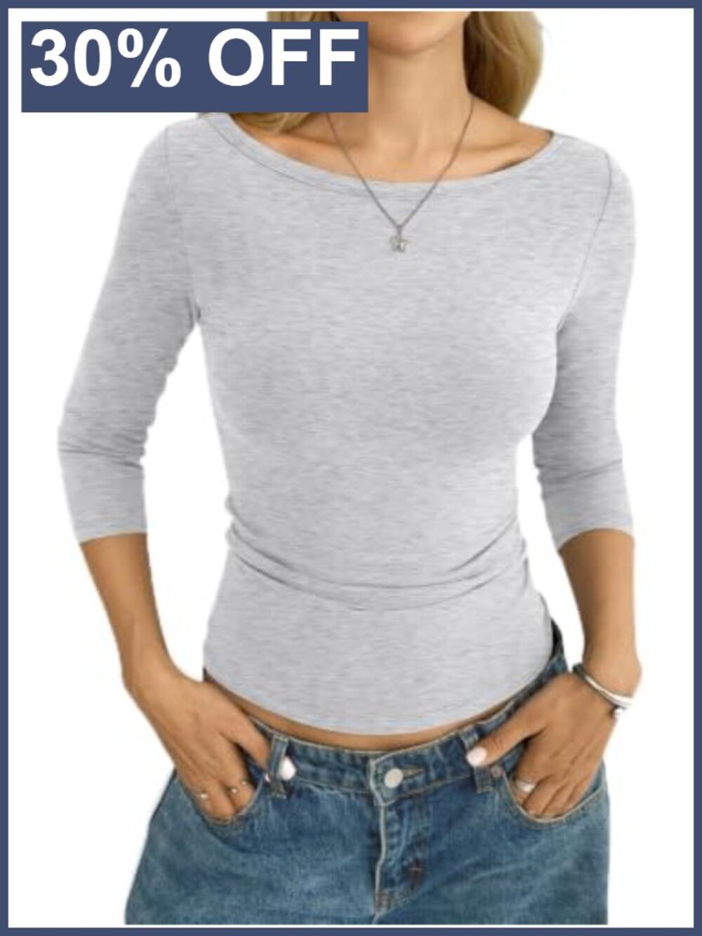 Womens Cotton Boat Neck 3/4 Sleeve Fitted T-Shirt